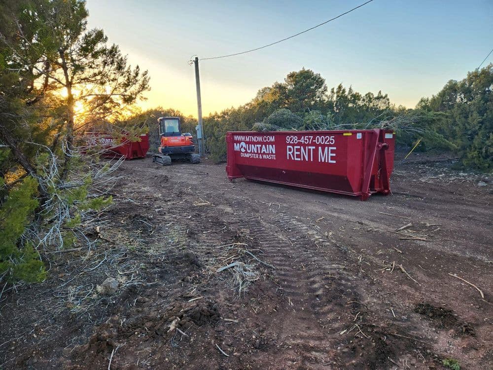 Red dumpster for rent next to construction equipment in a wooded area at sunset.