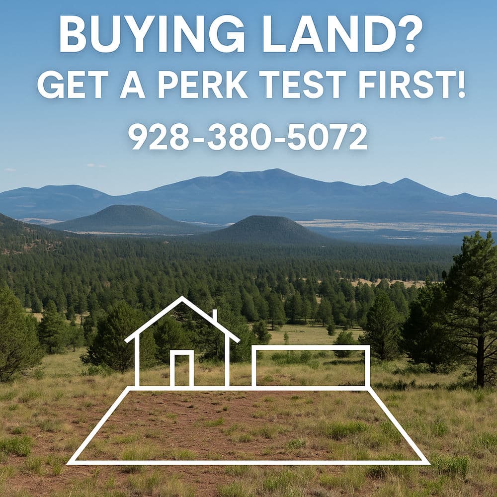 Landscape with mountains; text promoting perk testing for land buyers and contact number.
